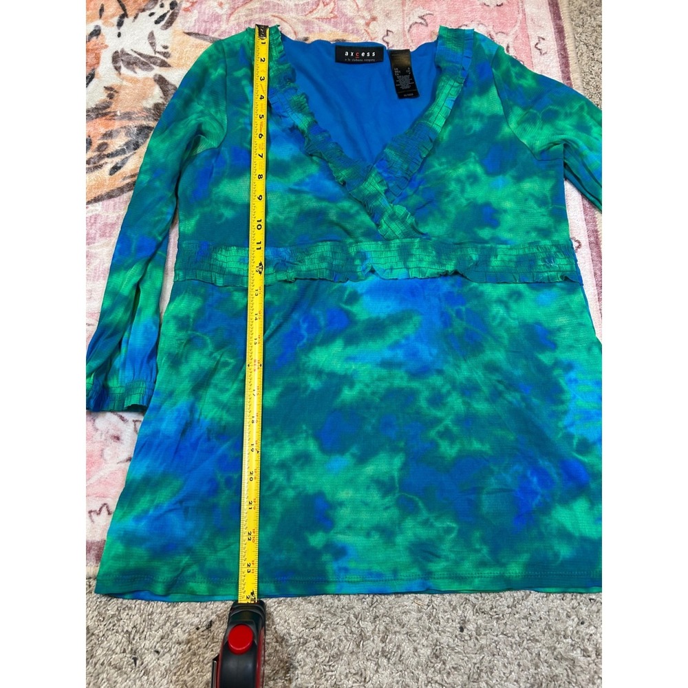 Y2K Liz Claiborne Tie Dye V Neck Ruffled Babydoll Top Blue Green Size S - Picture 7 of 7